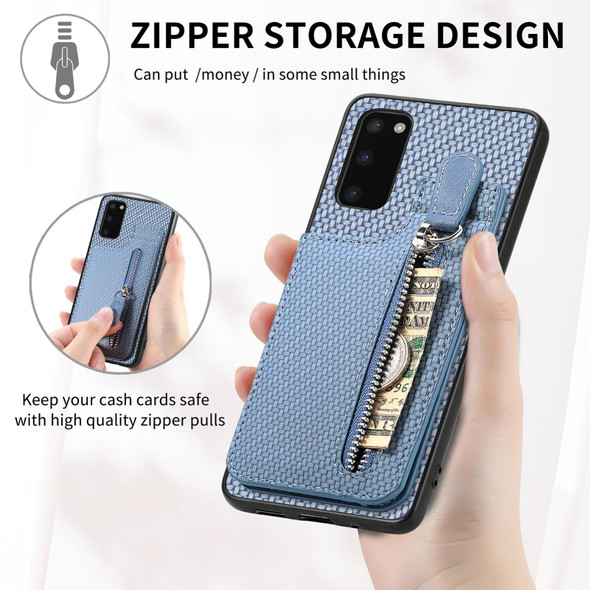For Samsung Galaxy S20 Carbon Fiber Vertical Flip Zipper Wallet Phone Case(Blue)