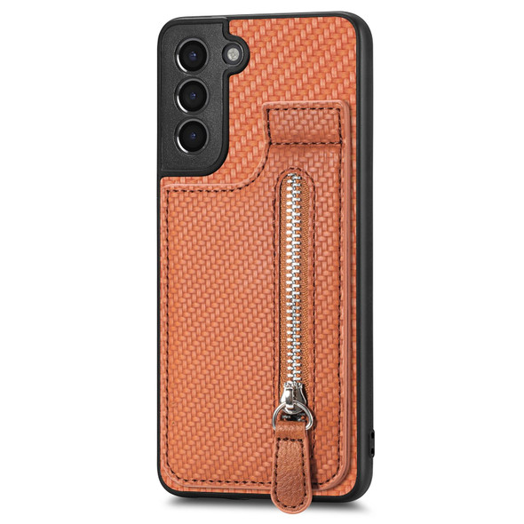 For Samsung Galaxy S21+ 5G Carbon Fiber Vertical Flip Zipper Wallet Phone Case(Brown)