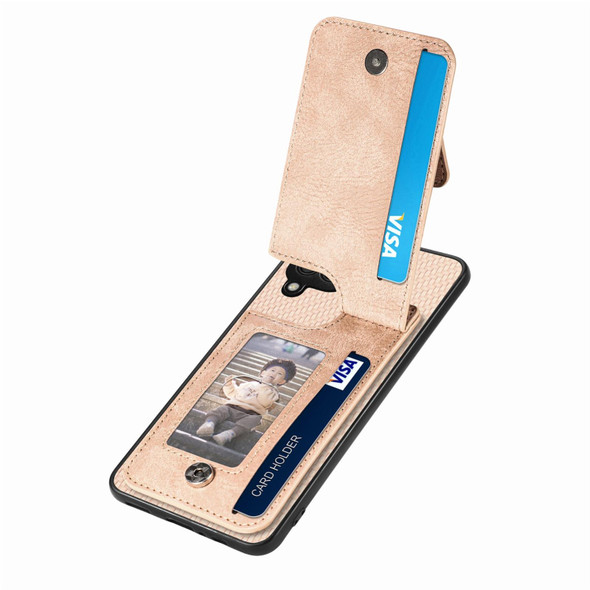 For Samsung Galaxy A22 4G Carbon Fiber Vertical Flip Zipper Wallet Phone Case(Khaki)