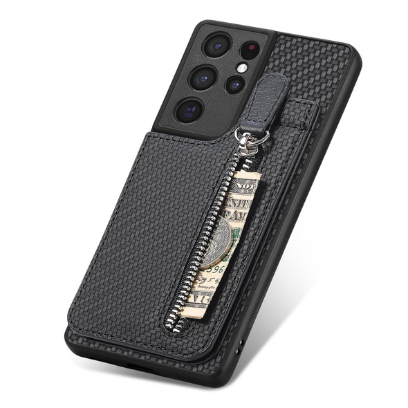 For Samsung Galaxy S21 Ultra 5G Carbon Fiber Vertical Flip Zipper Wallet Phone Case(Black)