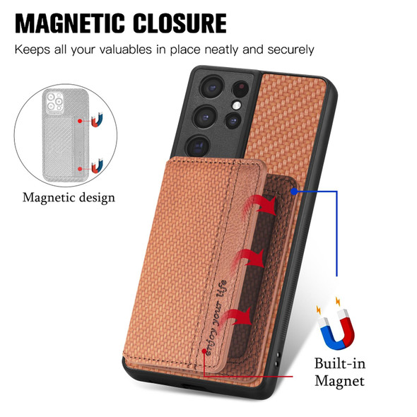 For Samsung Galaxy S21 Ultra 5G Carbon Fiber Magnetic Card Wallet Bag Phone Case(Brown)