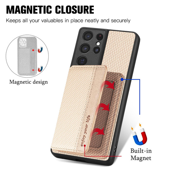 For Samsung Galaxy S21 Ultra 5G Carbon Fiber Magnetic Card Wallet Bag Phone Case(Khaki)