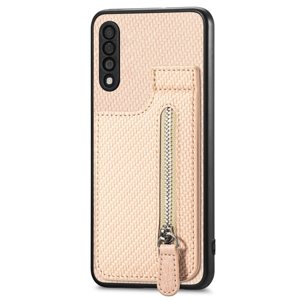 For Samsung Galaxy A50 Carbon Fiber Vertical Flip Zipper Wallet Phone Case(Khaki)