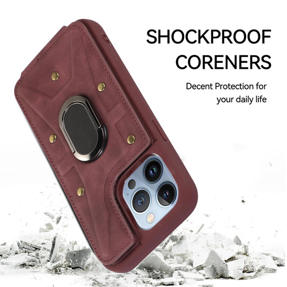 For iPhone 13 Pro Max Armor Ring Wallet Back Cover Phone Case(Wine Red)