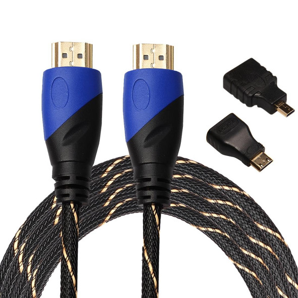 3m HDMI 1.4 Version 1080P Woven Net Line Blue Black Head HDMI Male to HDMI Male Audio Video Connector Adapter Cable with Mini HDMI & Micro HDMI Adapter Set