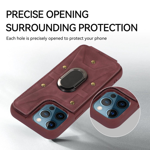 For iPhone 12 / 12 Pro Armor Ring Wallet Back Cover Phone Case(Wine Red)