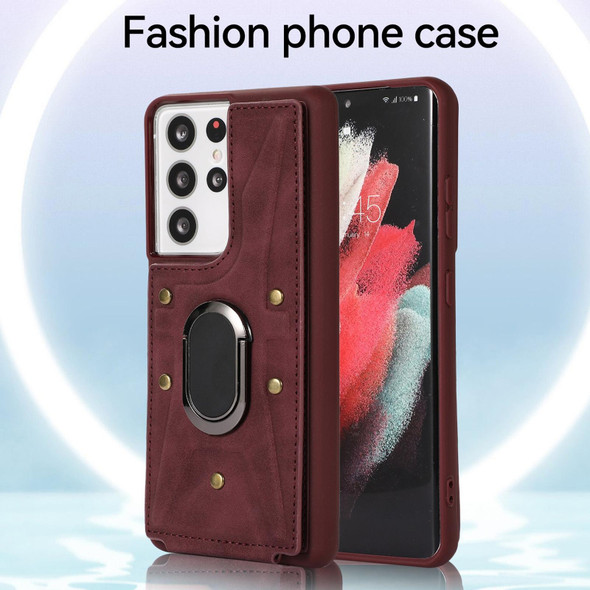 For Samsung Galaxy S21 Ultra 5G Armor Ring Wallet Back Cover Phone Case(Wine Red)