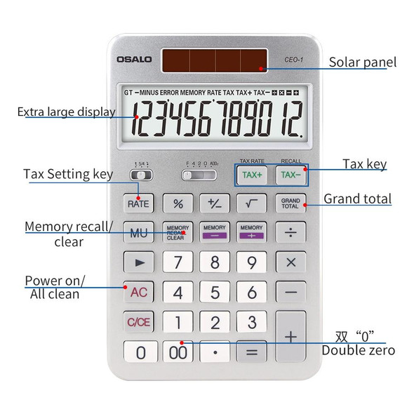 OSALO CEO-1 12 Digits LCD Display Multi-functional Student Scientific Calculator Solar Energy Dual Power Calculator (Silver)