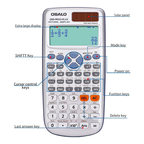 OSALO OS-991ES PLUS 10+2 Digits Multi-functional Student Function Scientific Calculator Solar Energy Dual Power Calculator