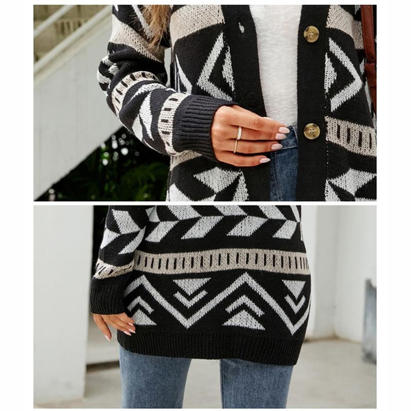 Autumn and Winter Female Diamond Loose Knitted Cardigan Jacquard Medium-length Sweater Jacket, Size: S(Black)