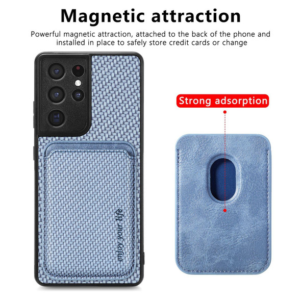 For Samsung Galaxy S21 Ultra 5G Carbon Fiber Leatherette Card Magsafe Magnetic Phone Case(Blue)