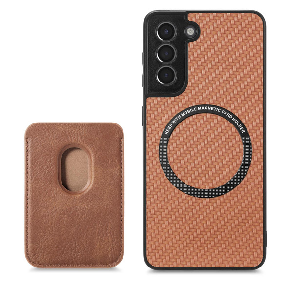 For Samsung Galaxy S21+ 5G Carbon Fiber Leatherette Card Magsafe Magnetic Phone Case(Brown)