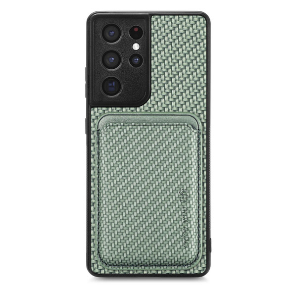 For Samsung Galaxy S21 Ultra 5G Carbon Fiber Leatherette Card Magsafe Magnetic Phone Case(Green)