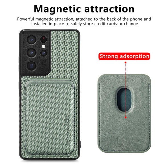 For Samsung Galaxy S21 Ultra 5G Carbon Fiber Leatherette Card Magsafe Magnetic Phone Case(Green)