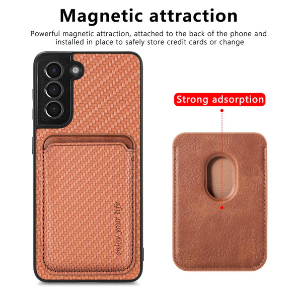 For Samsung Galaxy S21 5G Carbon Fiber Leatherette Card Magsafe Magnetic Phone Case(Brown)