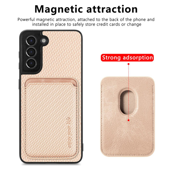 For Samsung Galaxy S21+ 5G Carbon Fiber Leatherette Card Magsafe Magnetic Phone Case(Khaki)