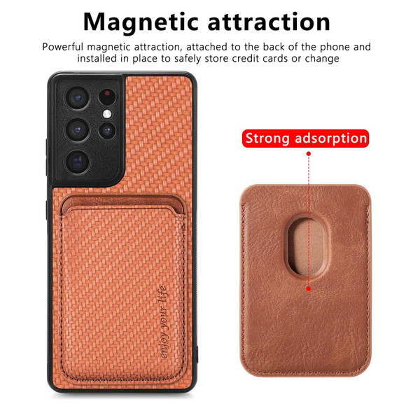 For Samsung Galaxy S21 Ultra 5G Carbon Fiber Leatherette Card Magsafe Magnetic Phone Case(Brown)