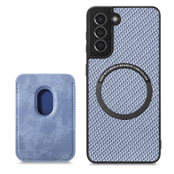 For Samsung Galaxy S21+ 5G Carbon Fiber Leatherette Card Magsafe Magnetic Phone Case(Blue)