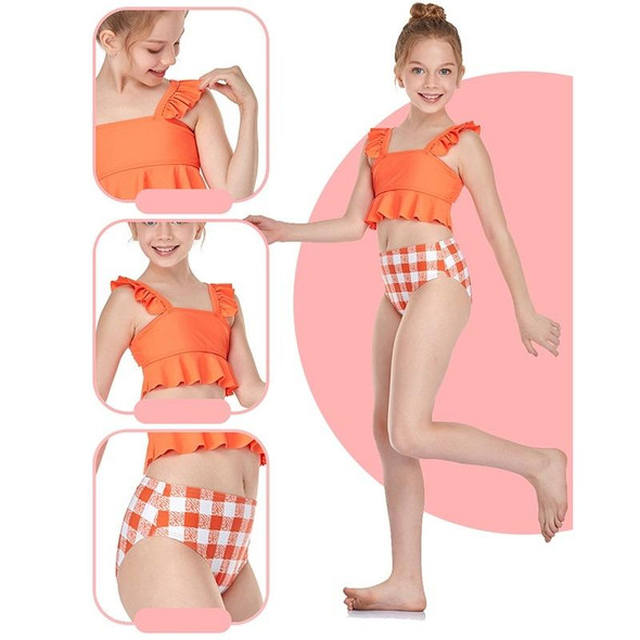 2 in 1 Solid Color Small Flounce Swimwear + Plaid Swim Shorts Baby Girls Split Swimsuit Set (Color:Red Size:104)