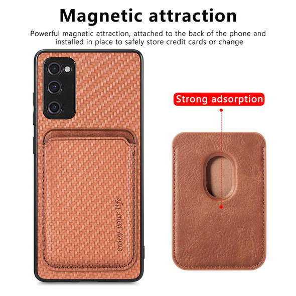 For Samsung Galaxy S21 FE 5G Carbon Fiber Leatherette Card Magsafe Magnetic Phone Case(Brown)