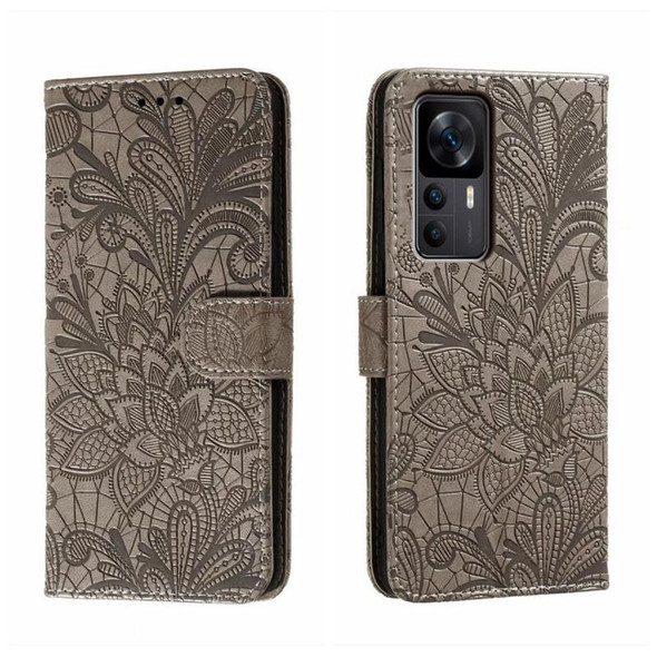 For Xiaomi Redmi K50 Ultra Lace Flower Embossing Flip Leather Phone Case(Grey)