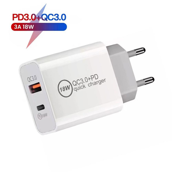 SDC-18W 18W PD 3.0 Type-C / USB-C + QC 3.0 USB Dual Fast Charging Universal Travel Charger with USB to 8 Pin Fast Charging Data Cable, EU Plug