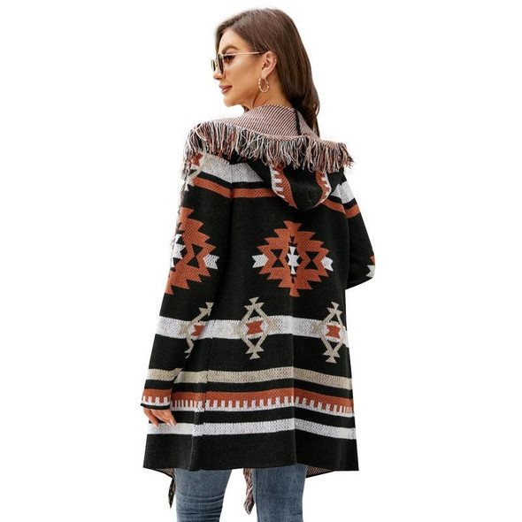 Geometric Jacquard Long Sweater Jacket Tassel Hooded Knit Cardigan, Size: L(Black)