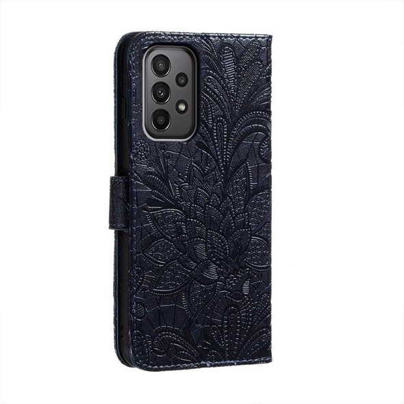 For Samsung Galaxy A24 5G Lace Flower Embossing Flip Leatherette Phone Case(Dark Blue)