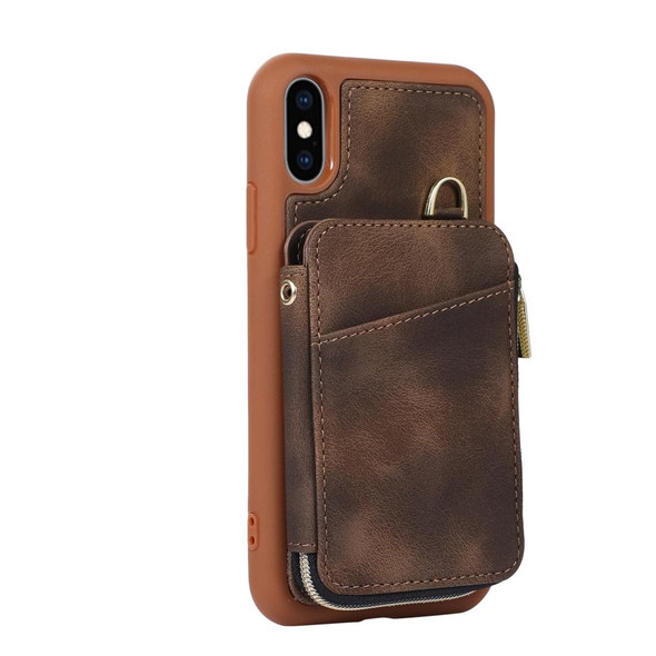 For iPhone XS Max Zipper Card Bag Back Cover Phone Case(Brown)