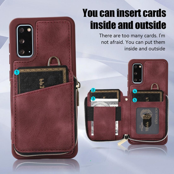 For Samsung Galaxy S20 Zipper Card Bag Back Cover Phone Case(Wine Red)