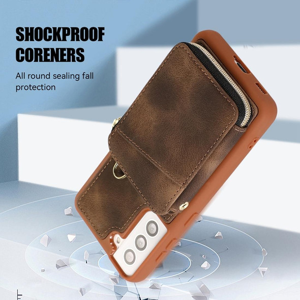 For Samsung Galaxy S21 5G Zipper Card Bag Back Cover Phone Case(Brown)