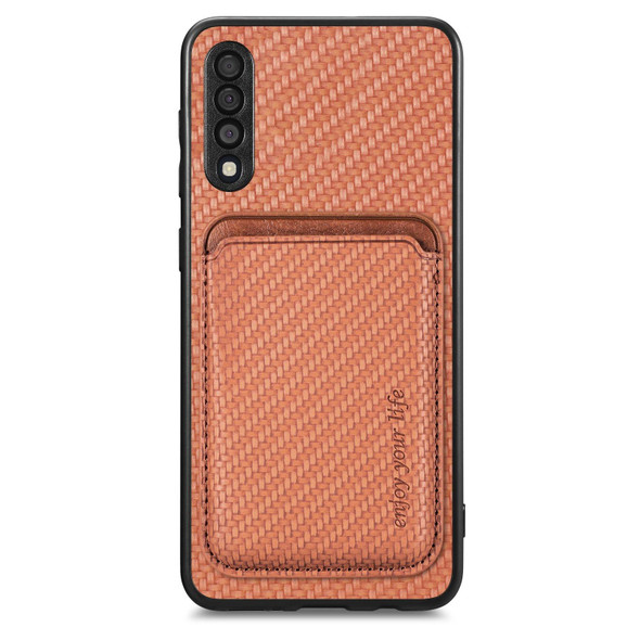 For Samsung Galaxy A50 Carbon Fiber Leatherette Card Magsafe Magnetic Phone Case(Brown)