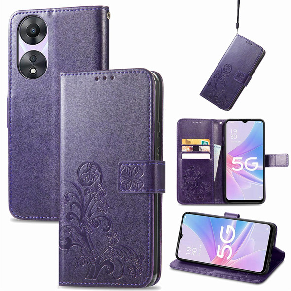 For OPPO A78 Four-leaf Clasp Embossed Buckle Leatherette Phone Case(Purple)
