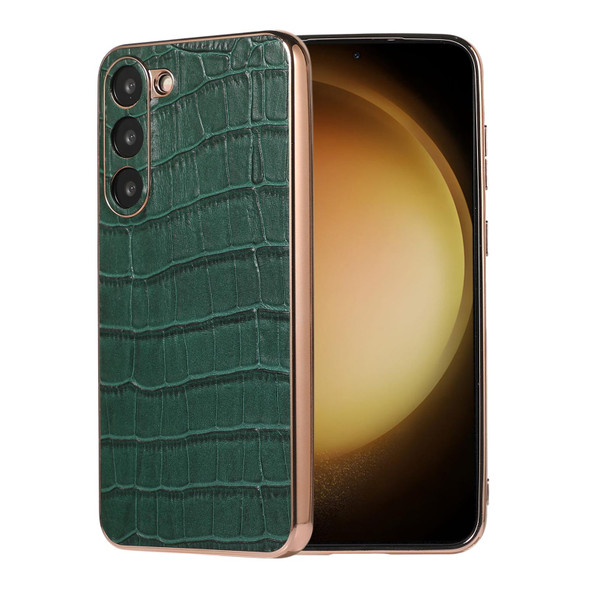 For Samsung Galaxy S23+ 5G Crocodile Texture Genuine Leatherette Electroplating Phone Case(Dark Green)
