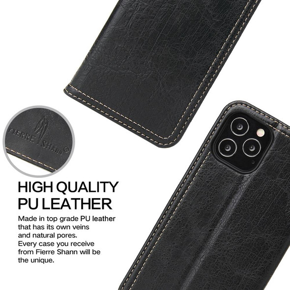 iPhone 12 / 12 Pro Fierre Shann Retro Tree Bark Texture PU Magnetic Horizontal Flip Leather Case with Holder & Card Slots & Wallet(Black)