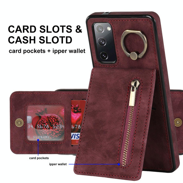 For Samsung Galaxy S20 Retro Ring and Zipper RFID Card Slot Phone Case(Wine Red)