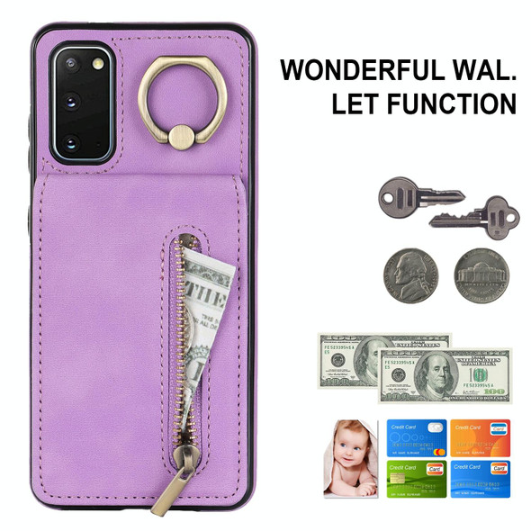 For Samsung Galaxy S20 Retro Ring and Zipper RFID Card Slot Phone Case(Purple)