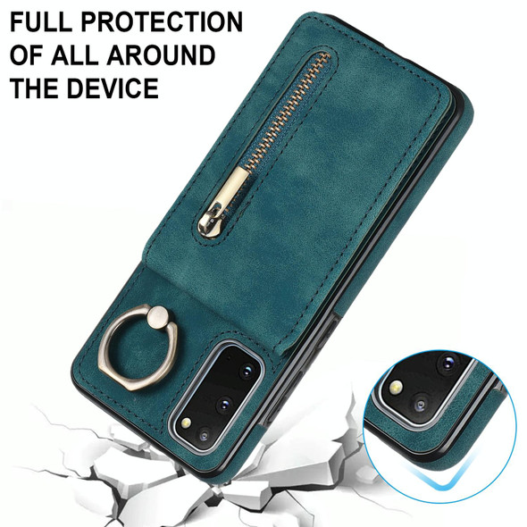 For Samsung Galaxy S20 Retro Ring and Zipper RFID Card Slot Phone Case(Blue)