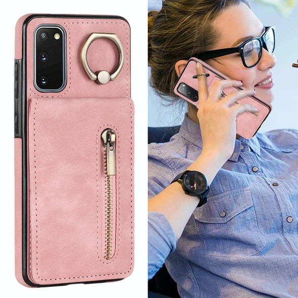 For Samsung Galaxy S20 Retro Ring and Zipper RFID Card Slot Phone Case(Pink)
