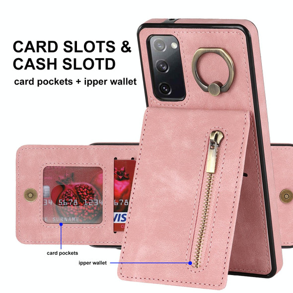 For Samsung Galaxy S20 Retro Ring and Zipper RFID Card Slot Phone Case(Pink)