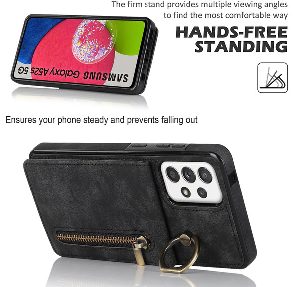 For Samsung Galaxy A52 5G Retro Ring and Zipper RFID Card Slot Phone Case(Black)