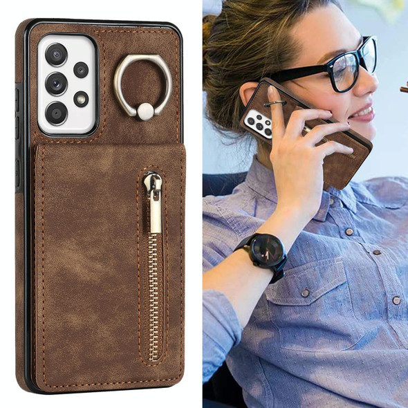 For Samsung Galaxy A52 5G Retro Ring and Zipper RFID Card Slot Phone Case(Brown)