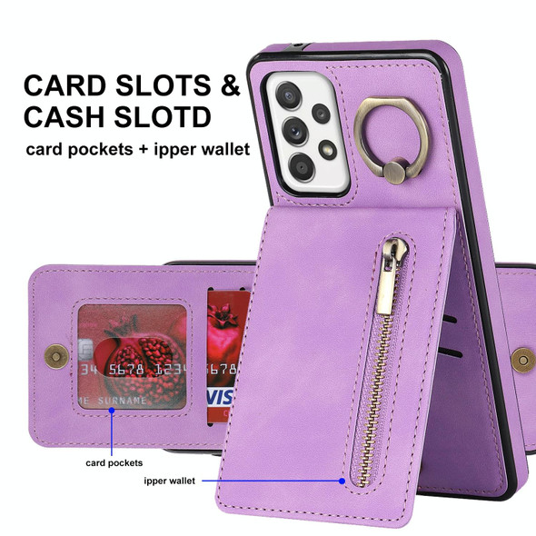 For Samsung Galaxy A52 5G Retro Ring and Zipper RFID Card Slot Phone Case(Purple)