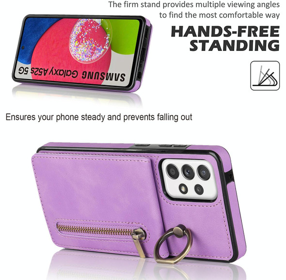 For Samsung Galaxy A52 5G Retro Ring and Zipper RFID Card Slot Phone Case(Purple)