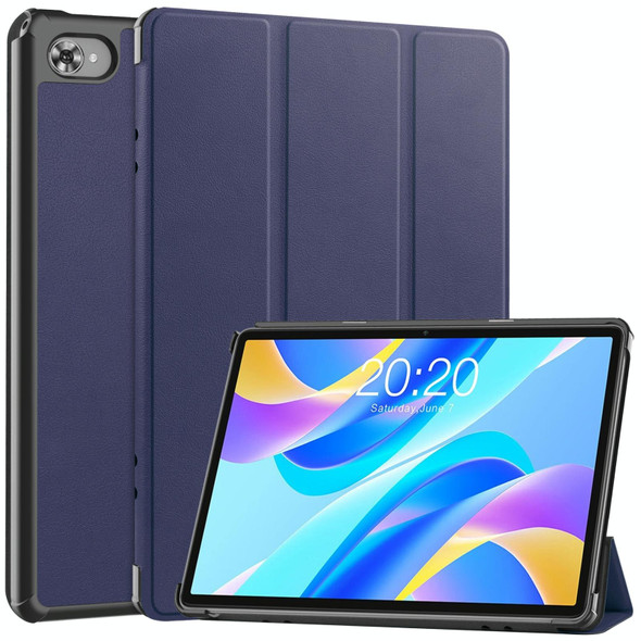 For Teclast M40 Plus Custer Pure Color 3-Fold Holder Leatherette Tablet Case(Dark Blue)