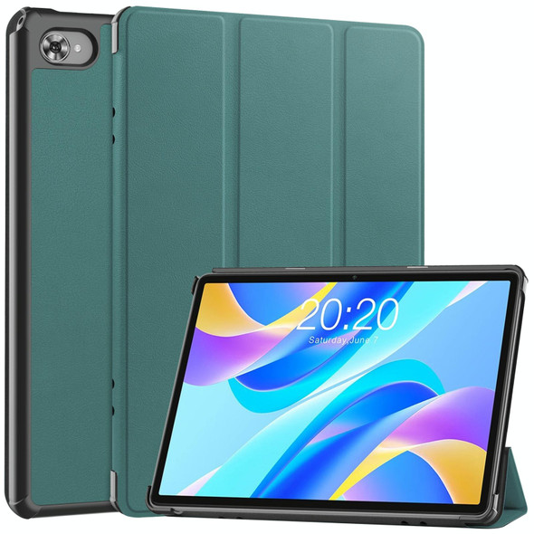 For Teclast M40 Plus Custer Pure Color 3-Fold Holder Leatherette Tablet Case(Dark Green)