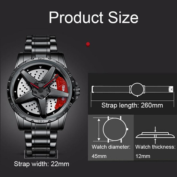 BINBOND D002 Car Hub Dial Multifunctional Waterproof and Wear-resistant Men's Watch(Black Steel-Red)