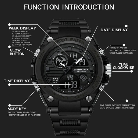 BINBOND B885 Outdoor Sports Timing Dual-Display Waterproof Electronic Watches(Black-Gold-Black)