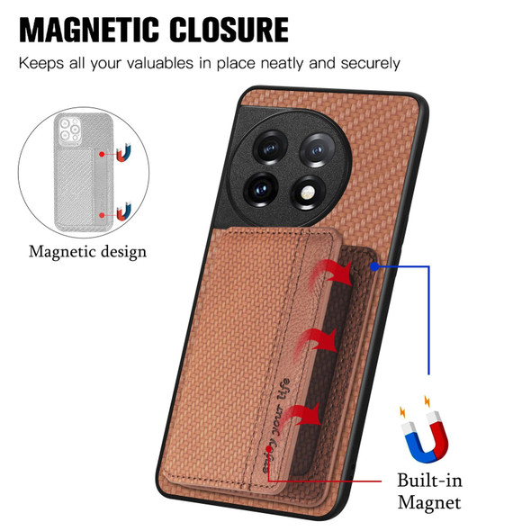 For OnePlus 11 5G Carbon Fiber Magnetic Card Wallet Bag Phone Case(Brown)