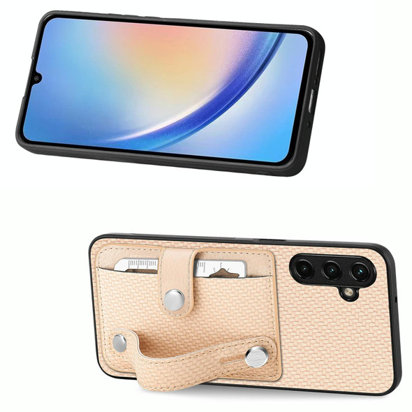 For Samsung Galaxy A34 5G Wristband Kickstand Card Wallet Back Cover Phone Case with Tool Knife(Khaki)